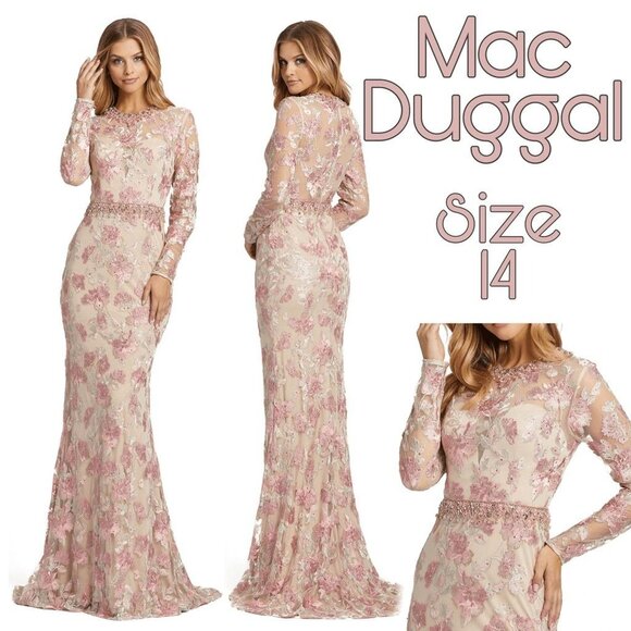 Mac Duggal Dresses & Skirts - Mac Duggal Floral Embroidered Nude Rose Illusion Long Sleeve Trumpet Size 14 NEW